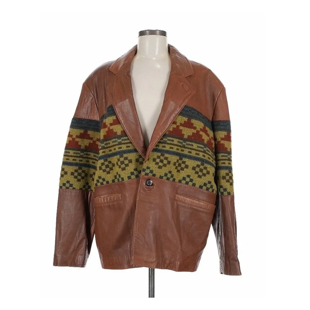 Hurricane Collection Men Butter Soft Leather Southwest Tapestry Blazer‎ Jacket M